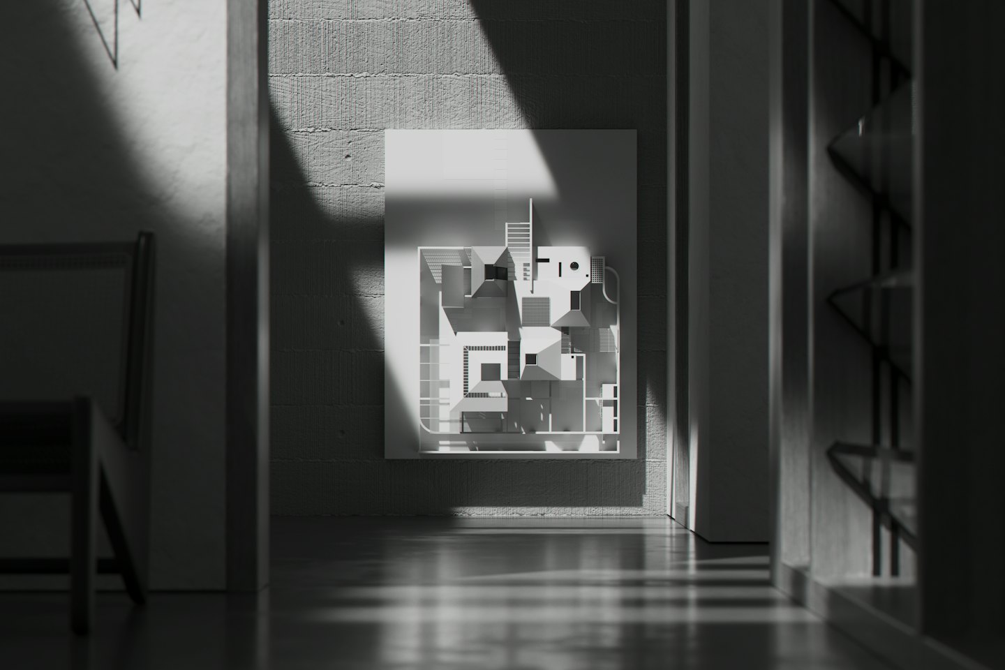 Intricate white architectural model mounted on a concrete wall.