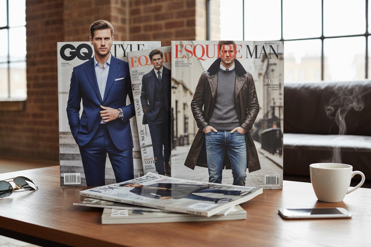 Fashion magazines stand on a wooden coffee table next to a steaming mug of coffee and sunglasses.
