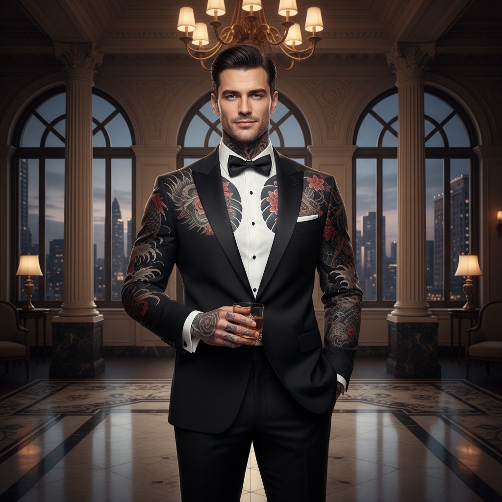 A tattooed man in a tuxedo holding a glass of whiskey stands in a luxurious room with large windows overlooking a city skyline.